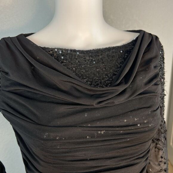 Belle Badgley Mischka Size 4 Dress Sequin Mesh Cowl Neck Black Gothic Glam - Picture 9 of 11